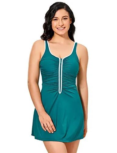 One Piece Zip Front Skirted Bathing Swimsuit