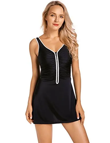 One Piece Zip Front Skirted Bathing Swimsuit