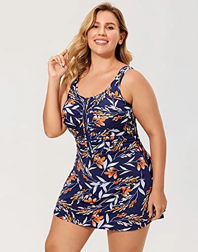 One Piece Zip Front Skirted Bathing Swimsuit