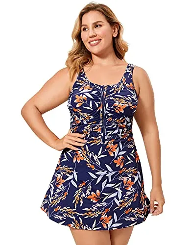 One Piece Zip Front Skirted Bathing Swimsuit