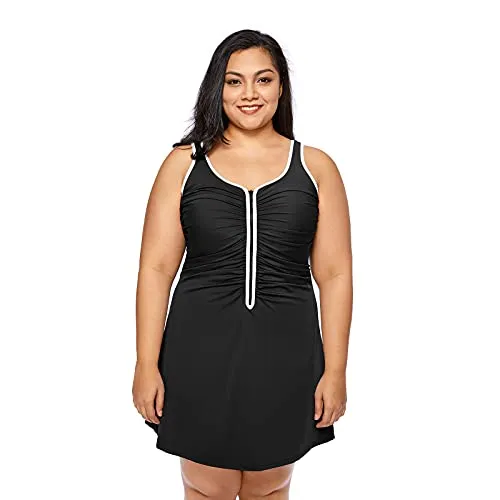 One Piece Zip Front Skirted Bathing Swimsuit
