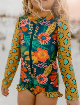 Oopsie Daisy - Kids Mustard Tropical Zip Rash Guard One Piece Swimsuit Youth