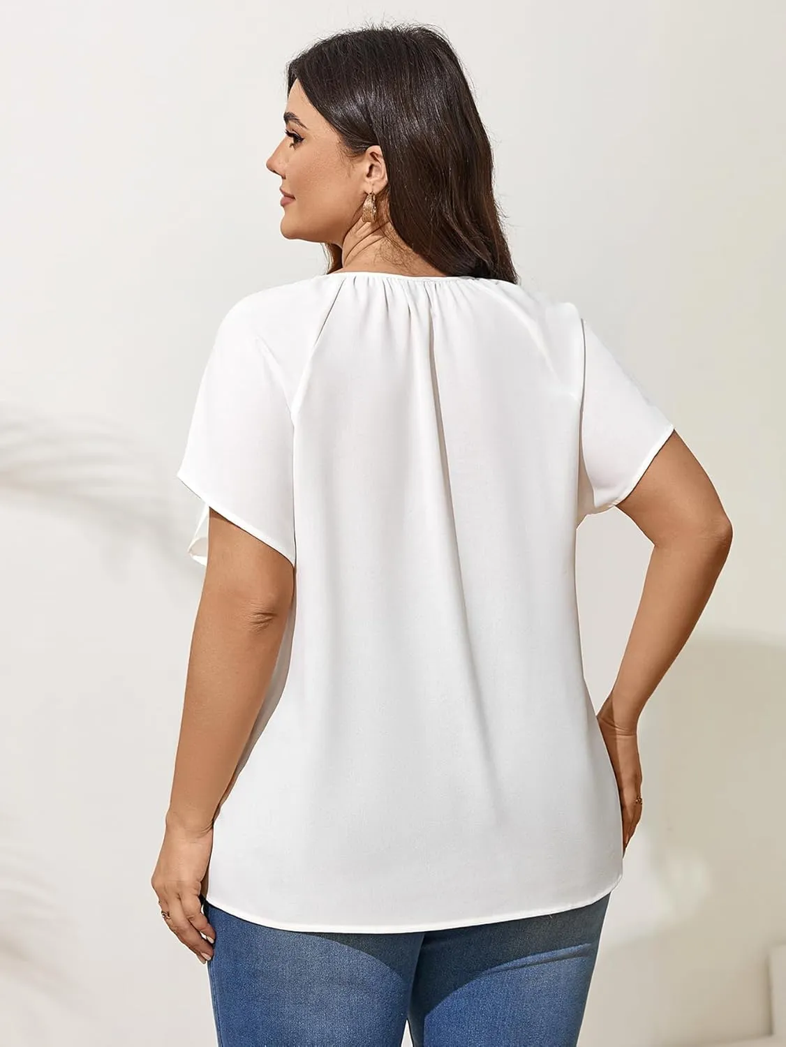 Plus Size Blouses for Women V Neck Short Sleeve Summer Tops Drawstring Blouse Loose Casual Flowy Shirts