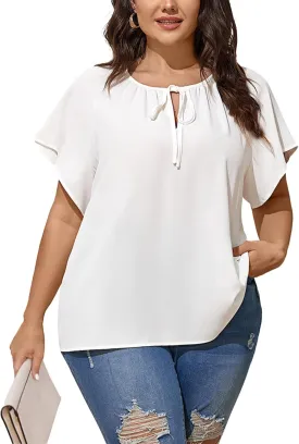 Plus Size Blouses for Women V Neck Short Sleeve Summer Tops Drawstring Blouse Loose Casual Flowy Shirts