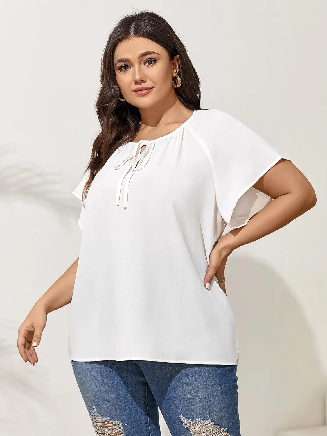 Plus Size Blouses for Women V Neck Short Sleeve Summer Tops Drawstring Blouse Loose Casual Flowy Shirts