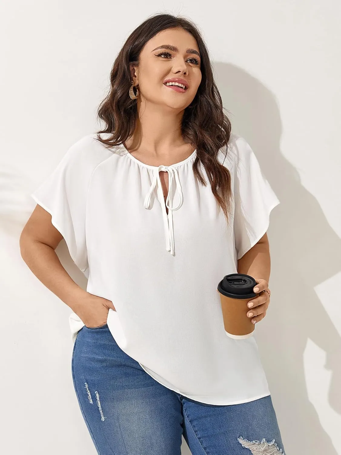 Plus Size Blouses for Women V Neck Short Sleeve Summer Tops Drawstring Blouse Loose Casual Flowy Shirts