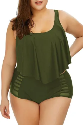 Plus Size Plain Ruffle High Waisted Bikini Set