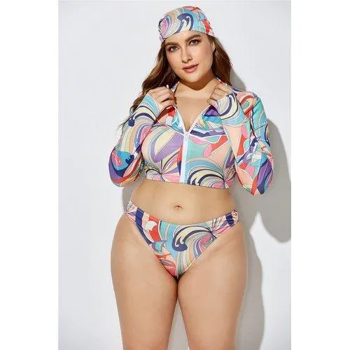 Plus Size Three Piece Brazilian Zipper Tie Dye Print Swimsuits