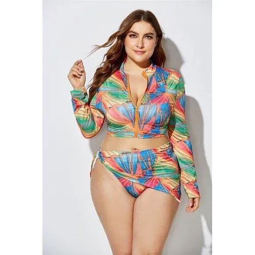Plus Size Three Piece Brazilian Zipper Tie Dye Print Swimsuits