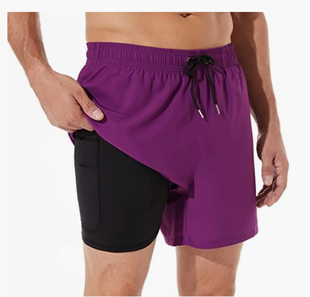 Quick Dry 5 inch Inseam Beach Shorts with Compression Liner and Zipper Pocket