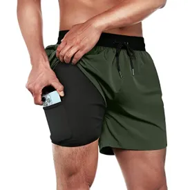 Quick Dry 5 inch Inseam Beach Shorts with Compression Liner and Zipper Pocket