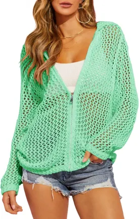 Saodimallsu Womens Crochet Lightweight Cardigans Zip Up Hooded Long Sleeve Knit Sweaters Mesh Beach Swim Cover Up