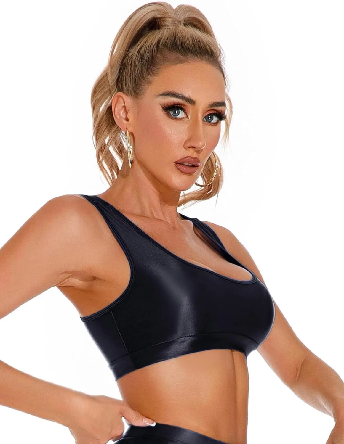 SEAUR Women's Shiny Oil Glossy Bra Seamless Smooth Racerback Crop Tank Top Sexy Shimmery Bra for Party Club Workout