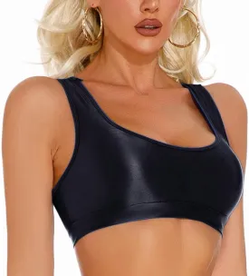 SEAUR Women's Shiny Oil Glossy Bra Seamless Smooth Racerback Crop Tank Top Sexy Shimmery Bra for Party Club Workout