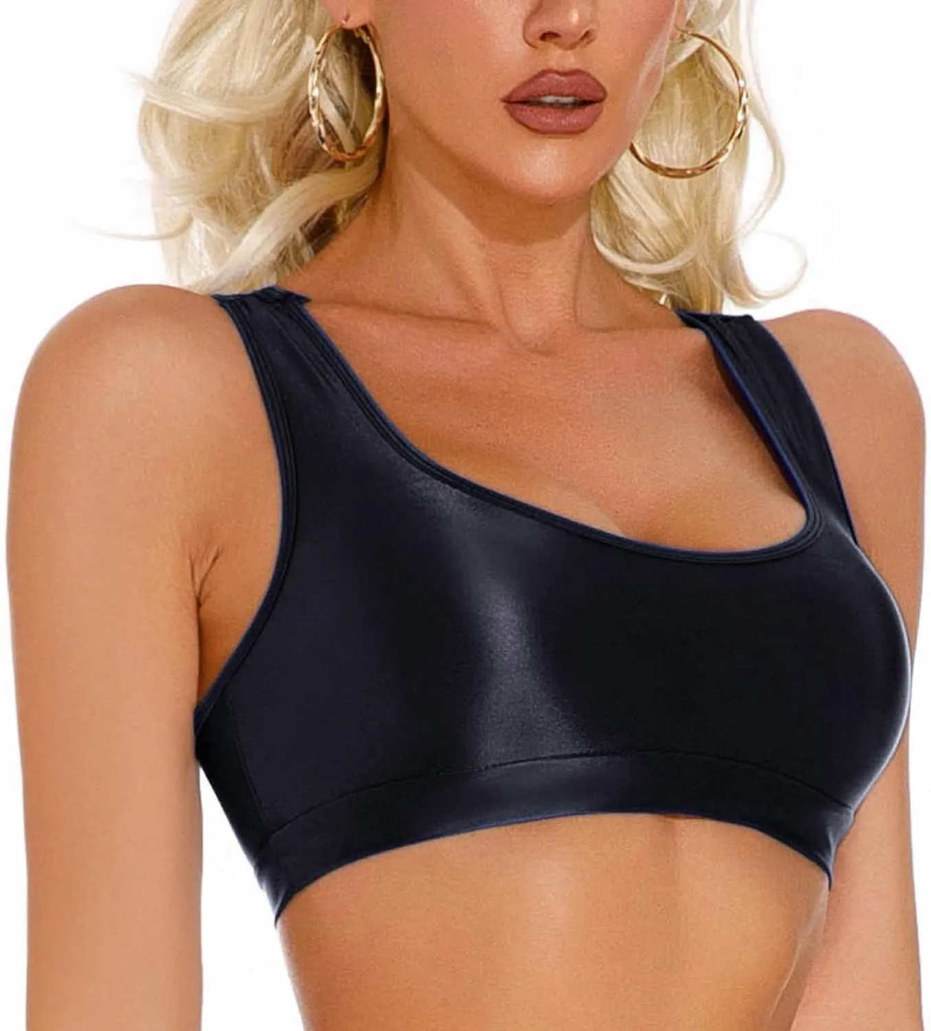 SEAUR Women's Shiny Oil Glossy Bra Seamless Smooth Racerback Crop Tank Top Sexy Shimmery Bra for Party Club Workout