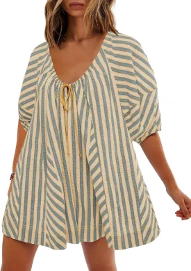 SENSERISE Womens Striped Romper Puff Sleeve Mini Shorts Romper Dress Beach Vacation Outfits with Pockets