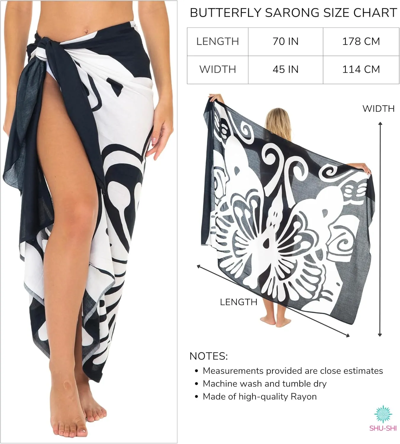 SHU-SHI Sarong Coverups for Women Beach Skirt Butterfly Wrap Swimsuit Long Pareo Cover Up