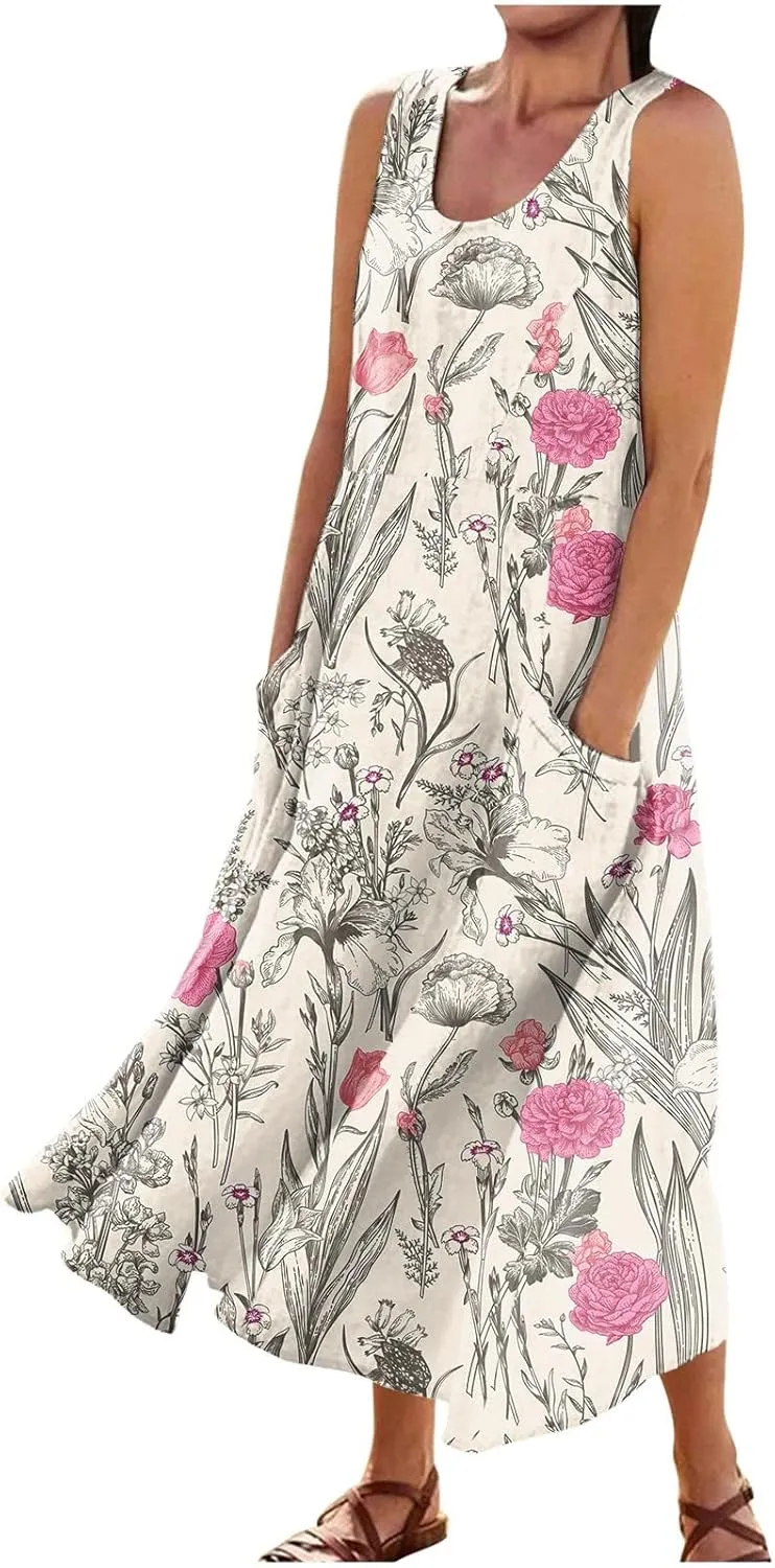 Sleeveless Dresses for Womens 2024 Beach Cotton Linen Floral Printed Dresses with Pockets Casual Flowy Long Dress