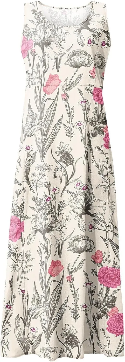 Sleeveless Dresses for Womens 2024 Beach Cotton Linen Floral Printed Dresses with Pockets Casual Flowy Long Dress