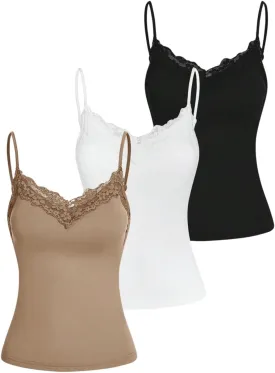 SOLY HUX Women's Camisole Tops with Built in Bra 3 Packs Lace Trim Spaghetti Strap Cami Tank Top