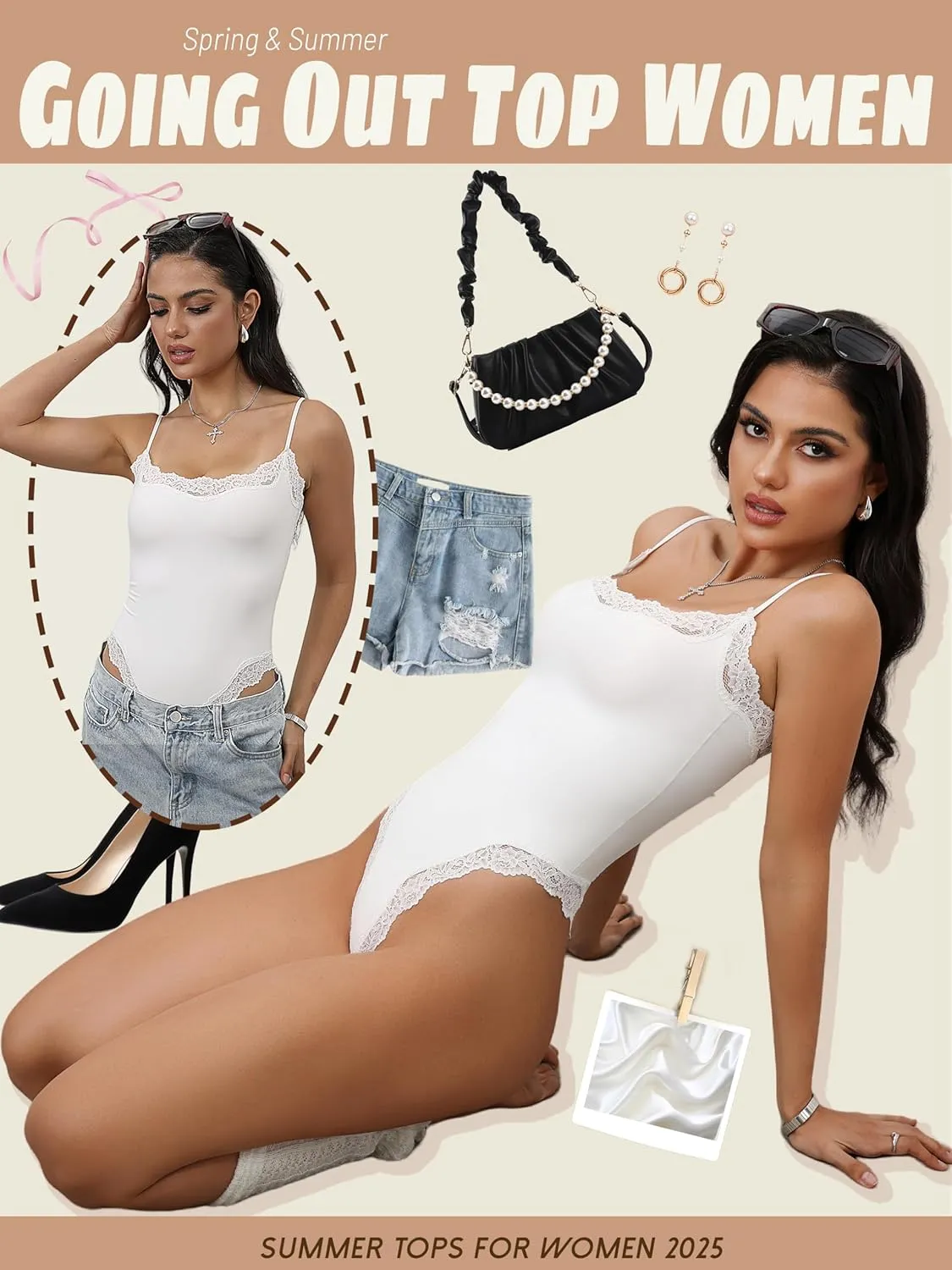 Starrylion Lace Body Suit Square Neck Tops for Women Sleeveless Spaghetti Strap Tank Top Bodysuits for Women Sexy Jumpsuit