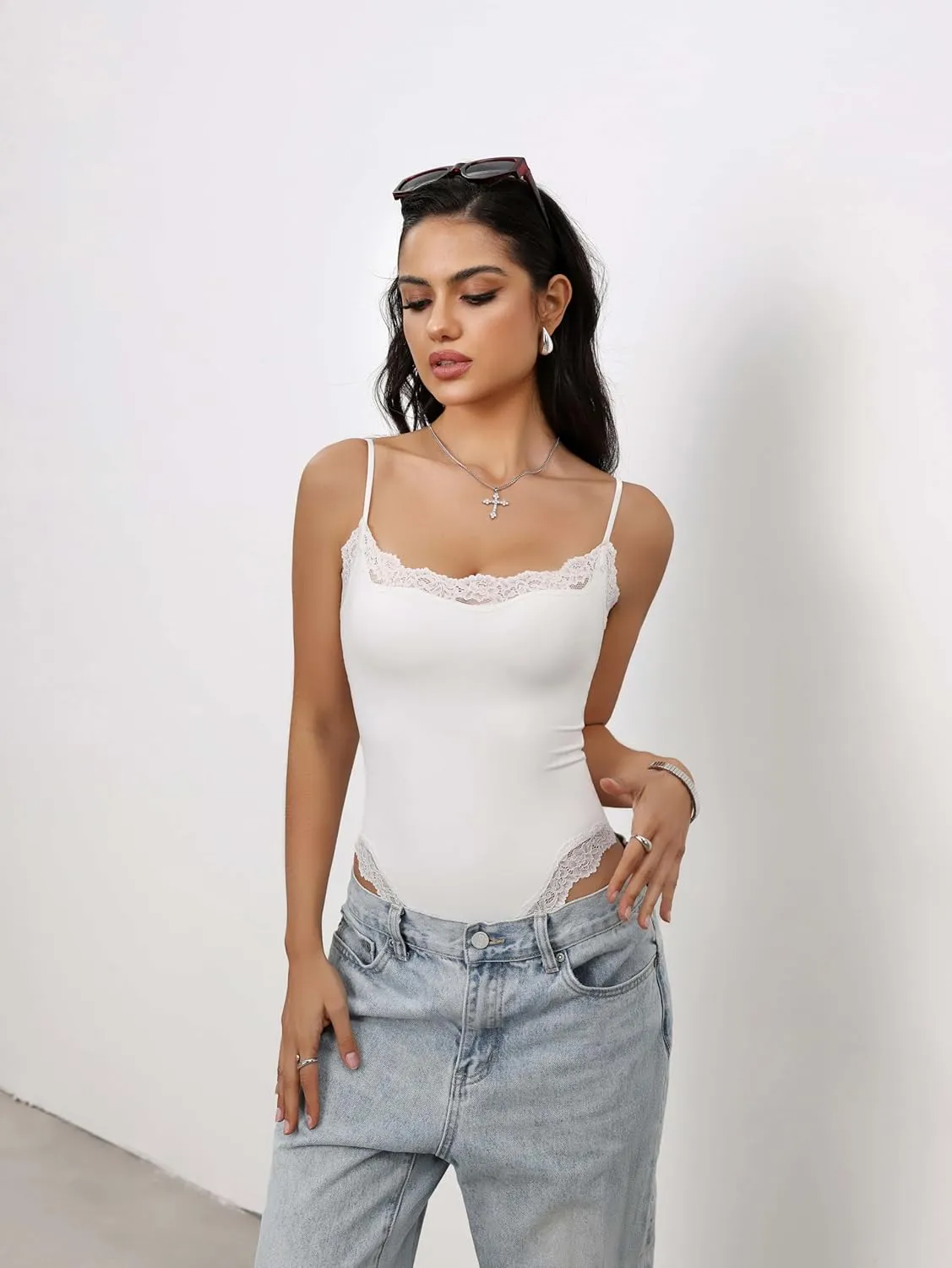Starrylion Lace Body Suit Square Neck Tops for Women Sleeveless Spaghetti Strap Tank Top Bodysuits for Women Sexy Jumpsuit
