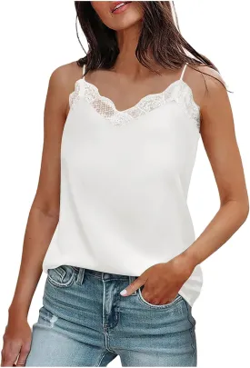 Summer V Neck Tank Tops for Women Silk Satin Summer Sleeveless Camisole Straps Top Casual Cami Tank Top