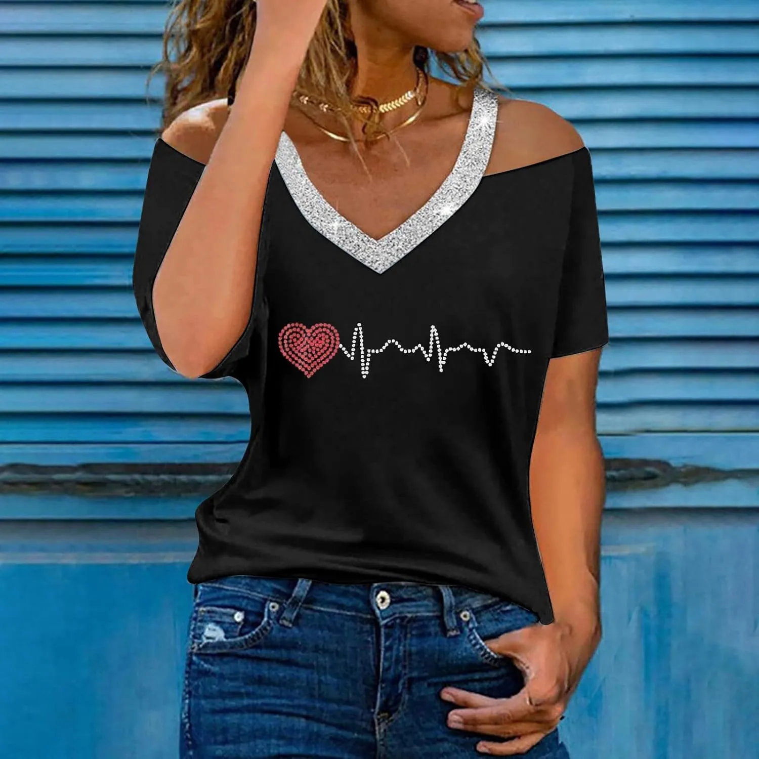 Tops for Women Fall Summer Short Sleeve Cold Shoulder Vneck Backless Halter Tops Shirt Blouses Women 2025 UT