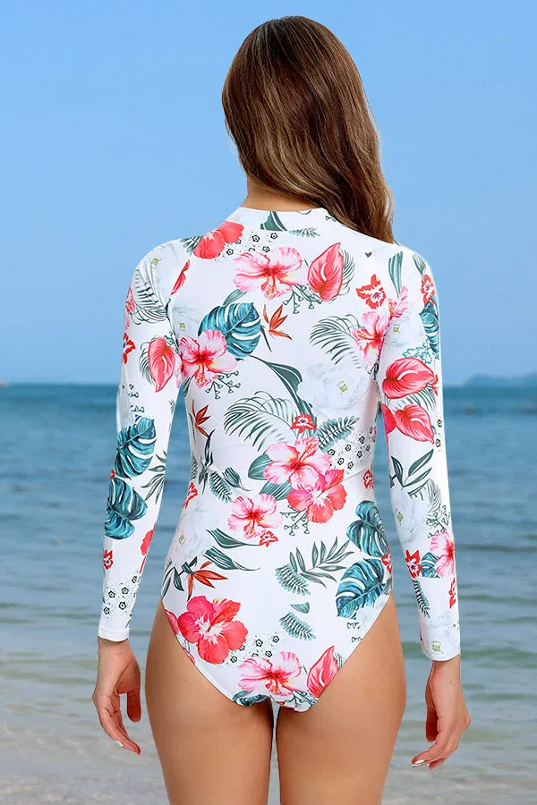 Tropical Rainforest Print White Long Sleeve One-Piece Swimsuit UPF50  Rash Guard