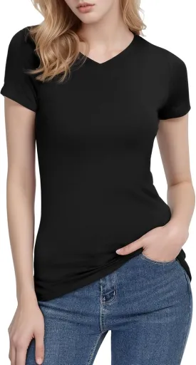 Urban CoCo Women's Basic Slim Fitted Tee Tops Short Sleeve Stretchy Bodycon V-Neck Tight T-Shirt