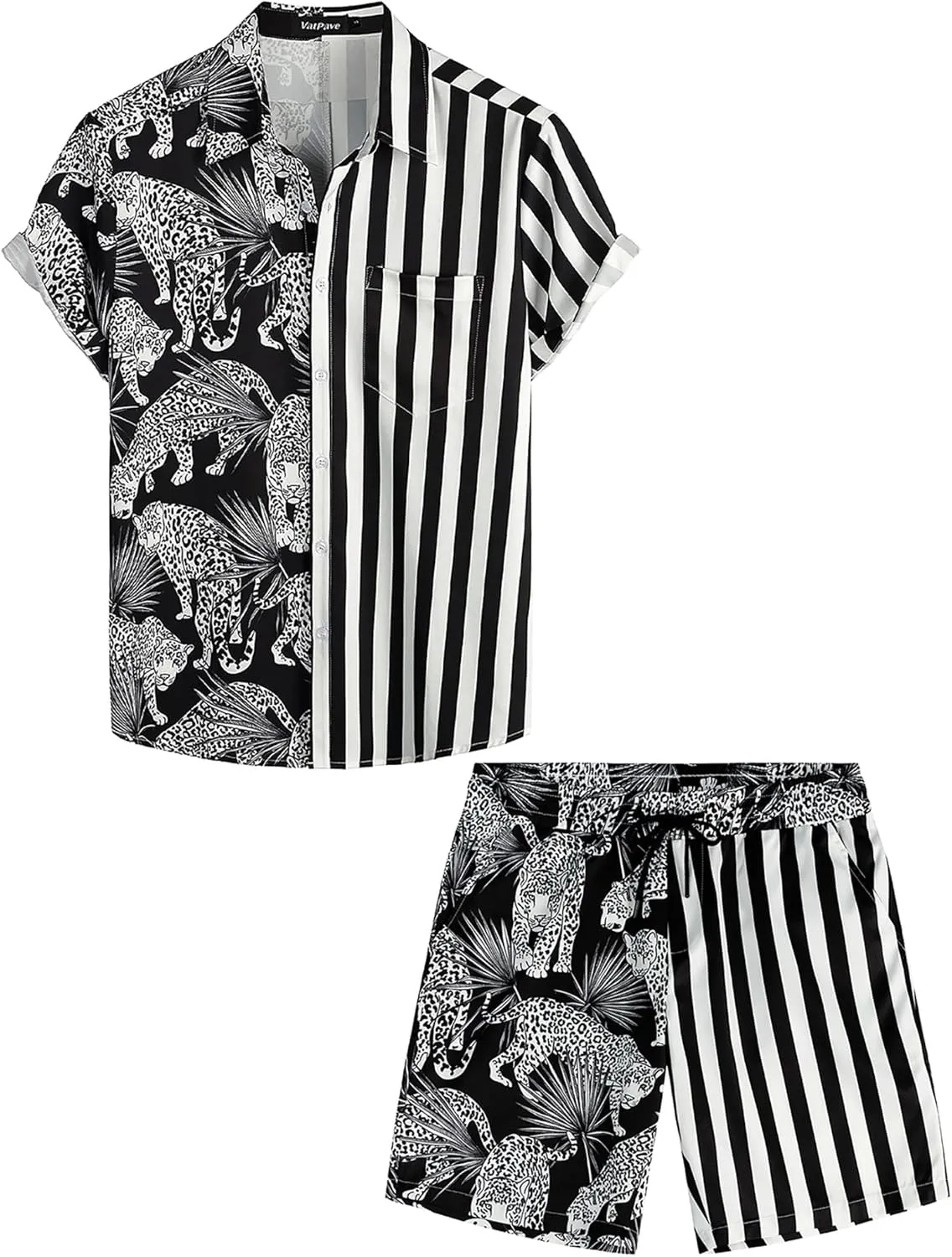 VATPAVE Mens Flamingo Hawaiian Sets Casual Short Sleeve Button Down Shirts Beach Outfits