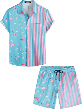 VATPAVE Mens Flamingo Hawaiian Sets Casual Short Sleeve Button Down Shirts Beach Outfits