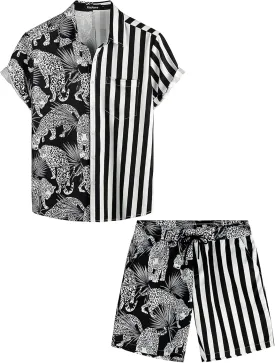 VATPAVE Mens Flamingo Hawaiian Sets Casual Short Sleeve Button Down Shirts Beach Outfits