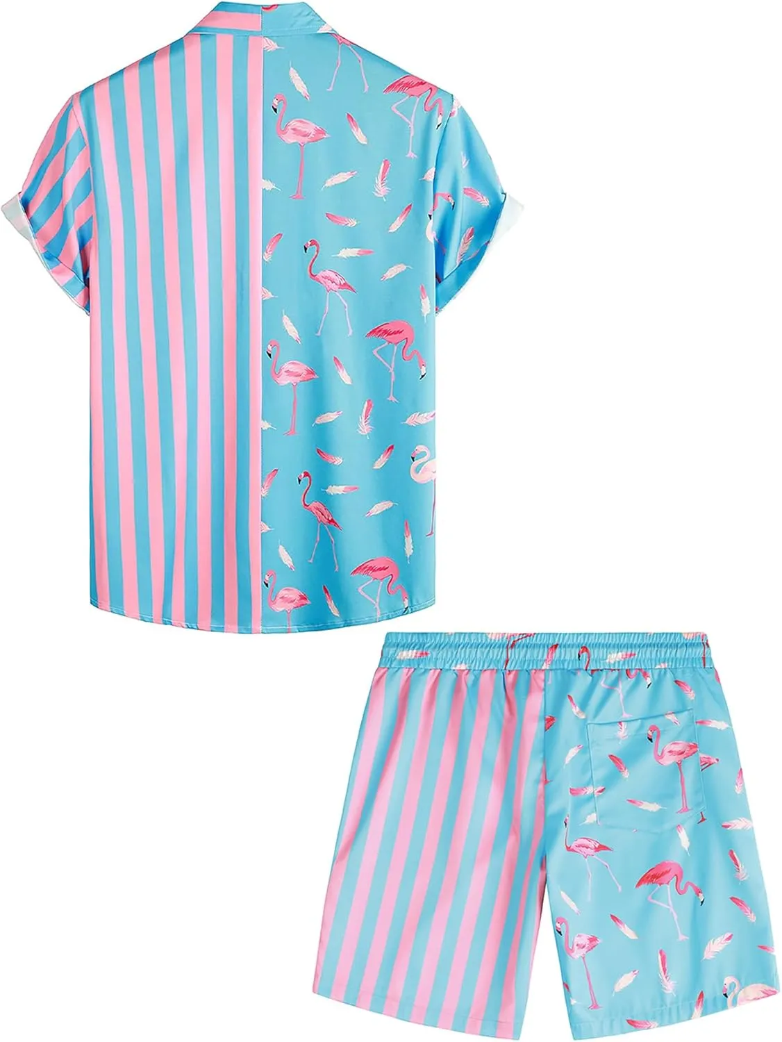 VATPAVE Mens Flamingo Hawaiian Sets Casual Short Sleeve Button Down Shirts Beach Outfits