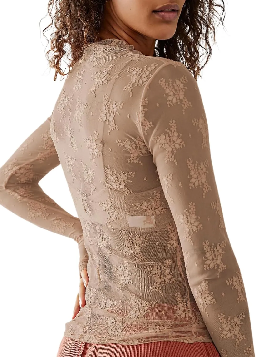 Women Sexy Lace Layering Tops Sheer Mesh Shirts Long Sleeve See Through Crop Top