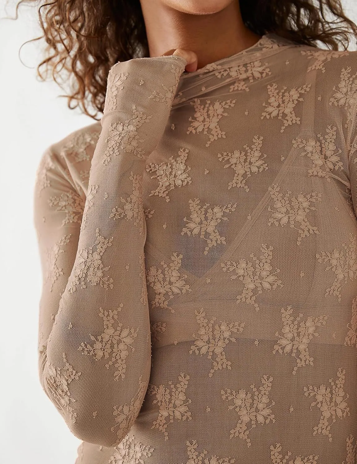 Women Sexy Lace Layering Tops Sheer Mesh Shirts Long Sleeve See Through Crop Top