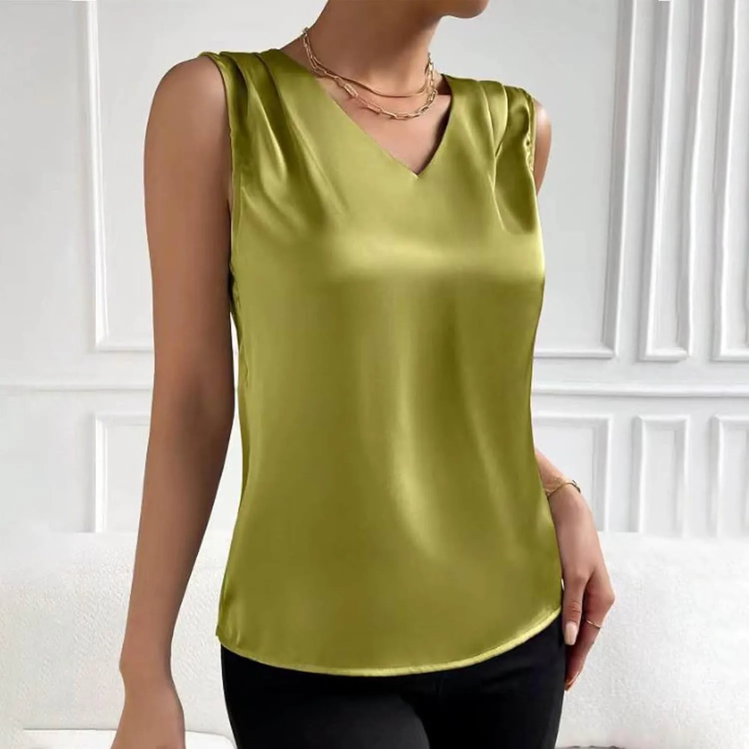 Women Summer Tank Tops V Neck Silk Satin Blouse Sleeveless Shirt Business Casual Dressy Outfit Vacation Clothes