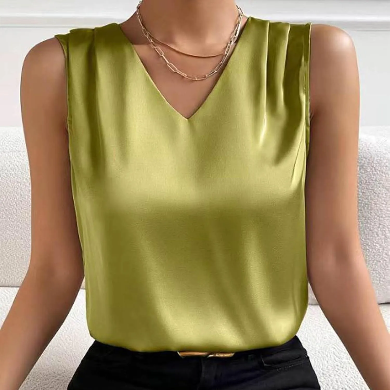 Women Summer Tank Tops V Neck Silk Satin Blouse Sleeveless Shirt Business Casual Dressy Outfit Vacation Clothes