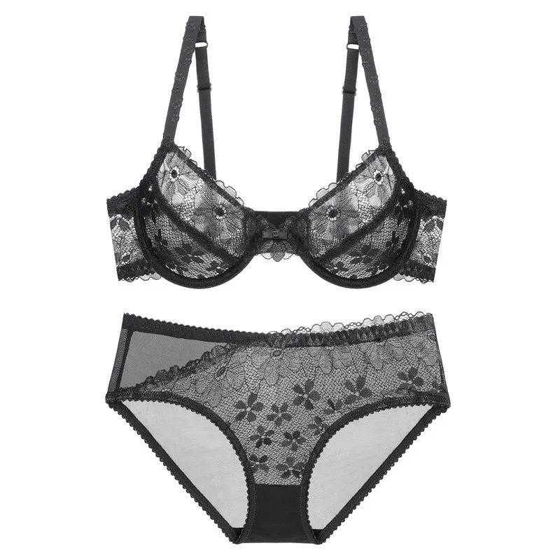 Women Transparent Ultra-Thin Big Breast Underwear Thin Bra Summer Underwire Comfortable Large Size Bra Set