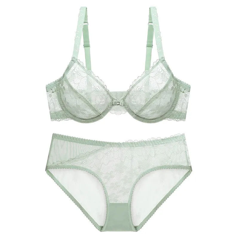Women Transparent Ultra-Thin Big Breast Underwear Thin Bra Summer Underwire Comfortable Large Size Bra Set