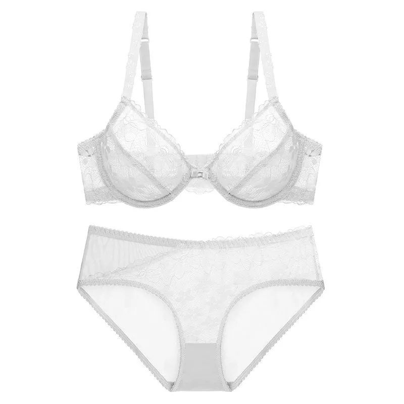 Women Transparent Ultra-Thin Big Breast Underwear Thin Bra Summer Underwire Comfortable Large Size Bra Set