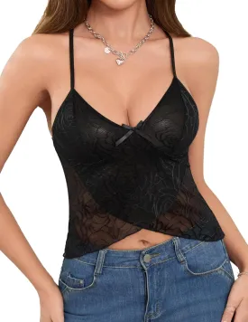 Women Y2K Lace Stretch Camisole Sexy Mesh See Through Tank Top Lingerie S-XXL