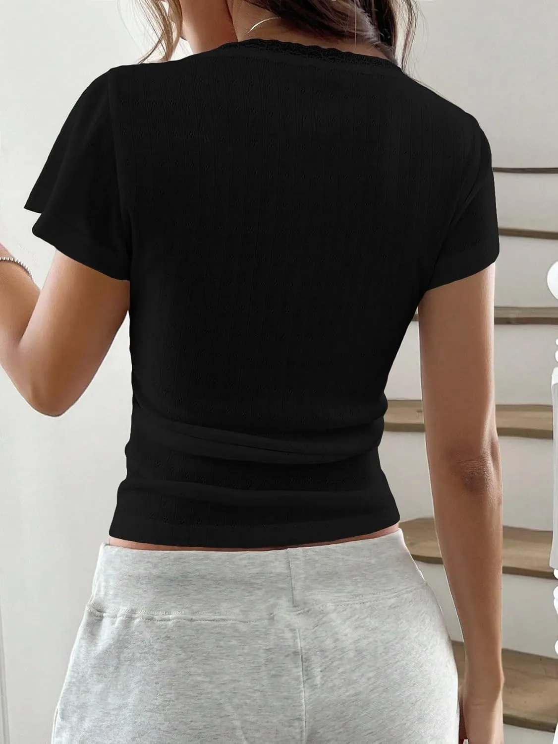 Women Y2k Lace Trim Scoop Neck Short Sleeve Henley Baby Tee Shirts Button Front Preppy Pointelle Fitted Crop Tops