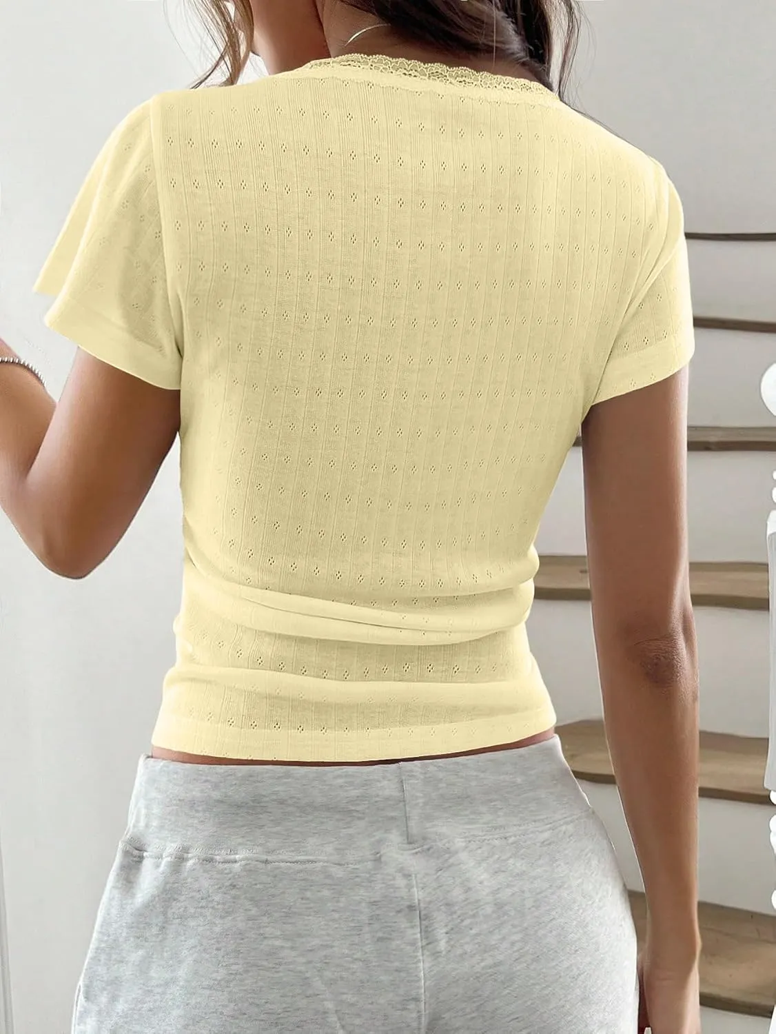Women Y2k Lace Trim Scoop Neck Short Sleeve Henley Baby Tee Shirts Button Front Preppy Pointelle Fitted Crop Tops