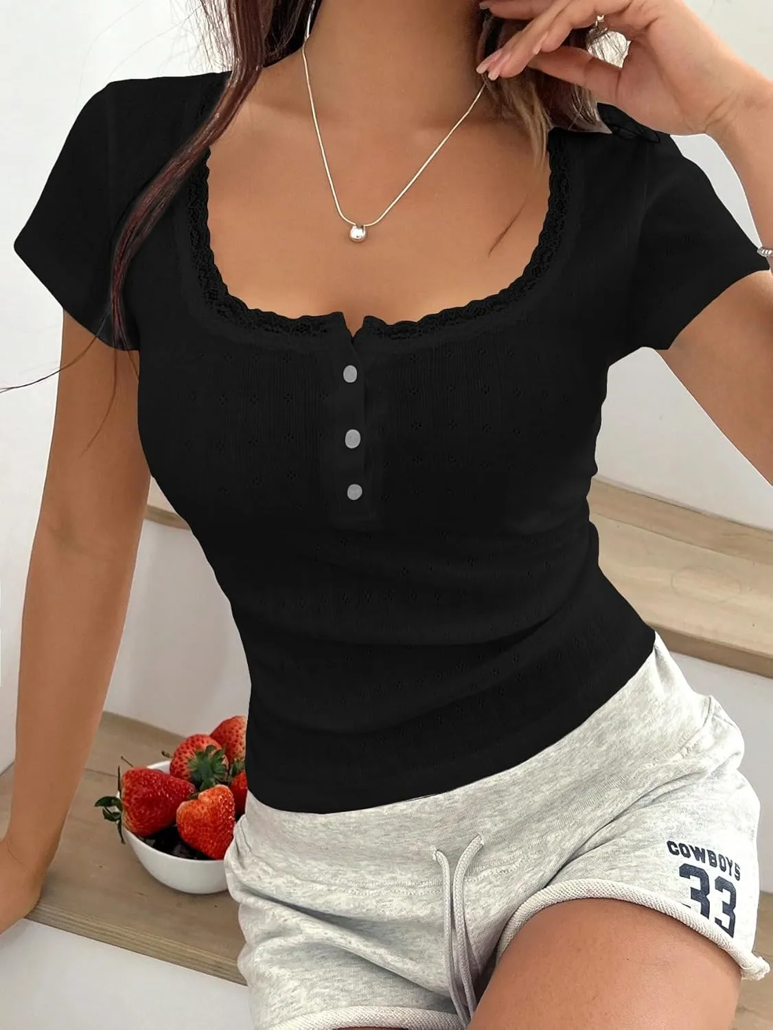 Women Y2k Lace Trim Scoop Neck Short Sleeve Henley Baby Tee Shirts Button Front Preppy Pointelle Fitted Crop Tops