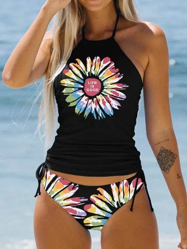 Women's Bathing Suit Drawstring Side Halter Neck Tankini