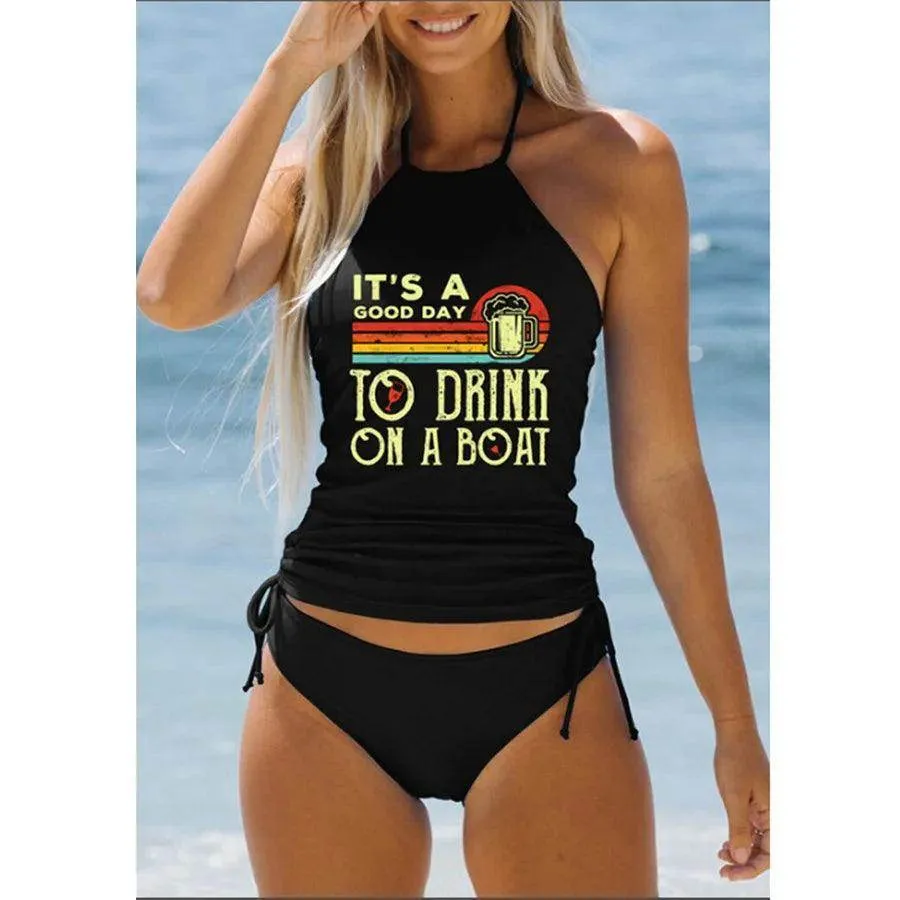 Women's Bathing Suit Drawstring Side Halter Neck Tankini