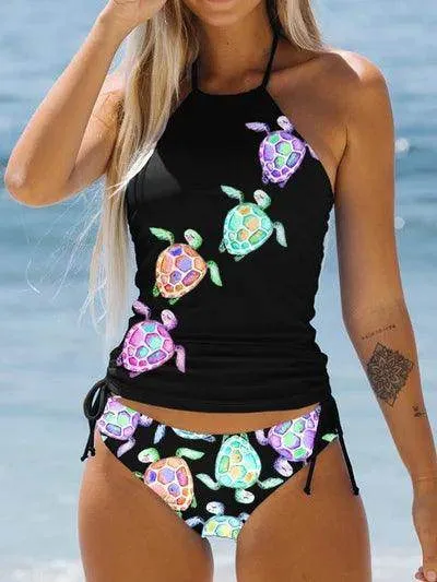 Women's Bathing Suit Drawstring Side Halter Neck Tankini