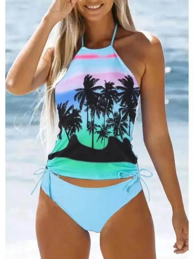 Women's Bathing Suit Drawstring Side Halter Neck Tankini
