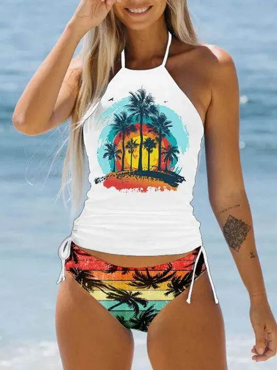 Women's Bathing Suit Drawstring Side Halter Neck Tankini